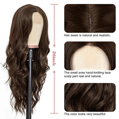 NAYOO Long Dark Brown Wavy Wig for Women 26 Inch Middle Part Curly Wavy Wig Natural Looking Synthetic Heat Resistant Fiber for Daily Party Use (Dark Brown)