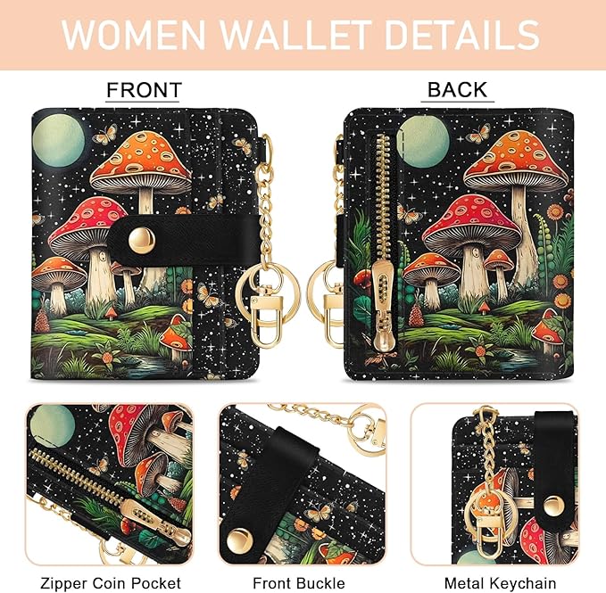 Mushroom Rfid Women Wallet, Small Slim Thin Credit Card Wallet, PU Leather Bifold Cash Zipper Coin Pocket ID Window for Female Ladies Teen Girls Girly