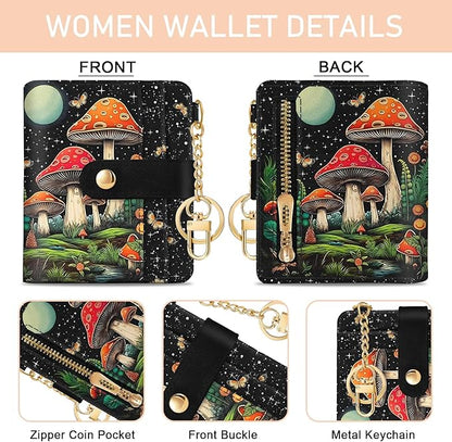 Mushroom Rfid Women Wallet, Small Slim Thin Credit Card Wallet, PU Leather Bifold Cash Zipper Coin Pocket ID Window for Female Ladies Teen Girls Girly
