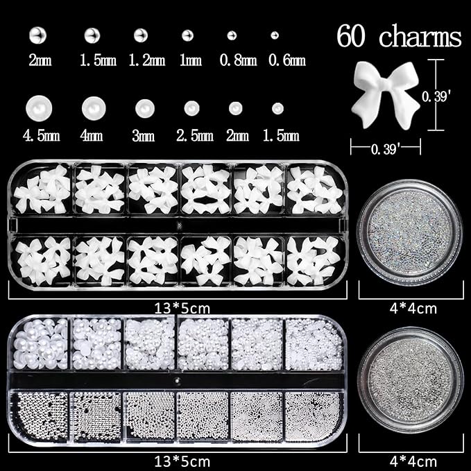 Nail Art Pearls Flatback Rhinestones Bow-Knot Nail Charms Silver Beads White Half Round Supplies Luxurious Design Jewelry DIY Crafts Accessories for Women Manicure Decorations