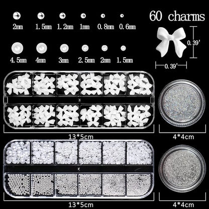 Nail Art Pearls Flatback Rhinestones Bow-Knot Nail Charms Silver Beads White Half Round Supplies Luxurious Design Jewelry DIY Crafts Accessories for Women Manicure Decorations