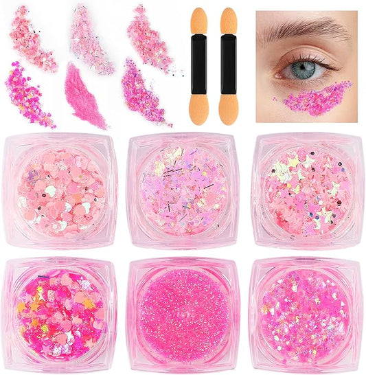 Glitter Body Face Hair Makeup Festival Gel, 6 Shapes Clear Pink Rave Glitter Face Pain Glitter Eyeshadow for Kids Women Girls Singer Concerts Festival Rave Accessories