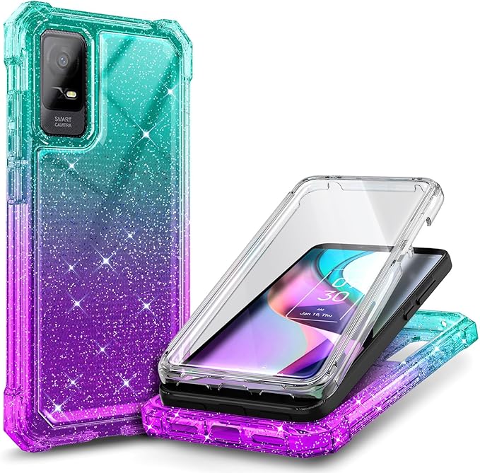 NZND Designed for TCL ION X Case, TCL ION V with [Built-in Screen Protector], Full-Body Protective Shockproof Rugged Bumper Cover, Impact Resist Case (Glitter Aqua/Purple)
