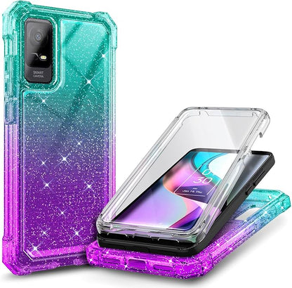 NZND Designed for TCL ION X Case, TCL ION V with [Built-in Screen Protector], Full-Body Protective Shockproof Rugged Bumper Cover, Impact Resist Case (Glitter Aqua/Purple)
