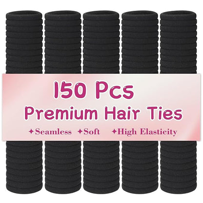 150 Pcs Elastic Hair Ties No Damage for Thick & Thin Hair, Ponytail Holders, Elastics, Soft Pony Tails Bands for Women, All Black
