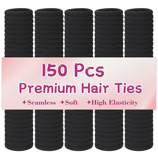 150 Pcs Elastic Hair Ties No Damage for Thick & Thin Hair, Ponytail Holders, Elastics, Soft Pony Tails Bands for Women, All Black