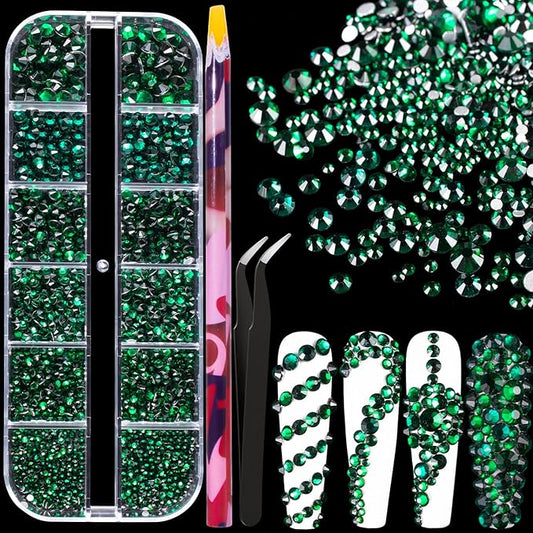 6 Sizes Green Glass Crystal Kit with Pickup Pen + Tweezer Tools for Shine Nail Art Manicure Makeup DIY Decoration Flatback Round Rhinestone Gem Jewelry Diamond