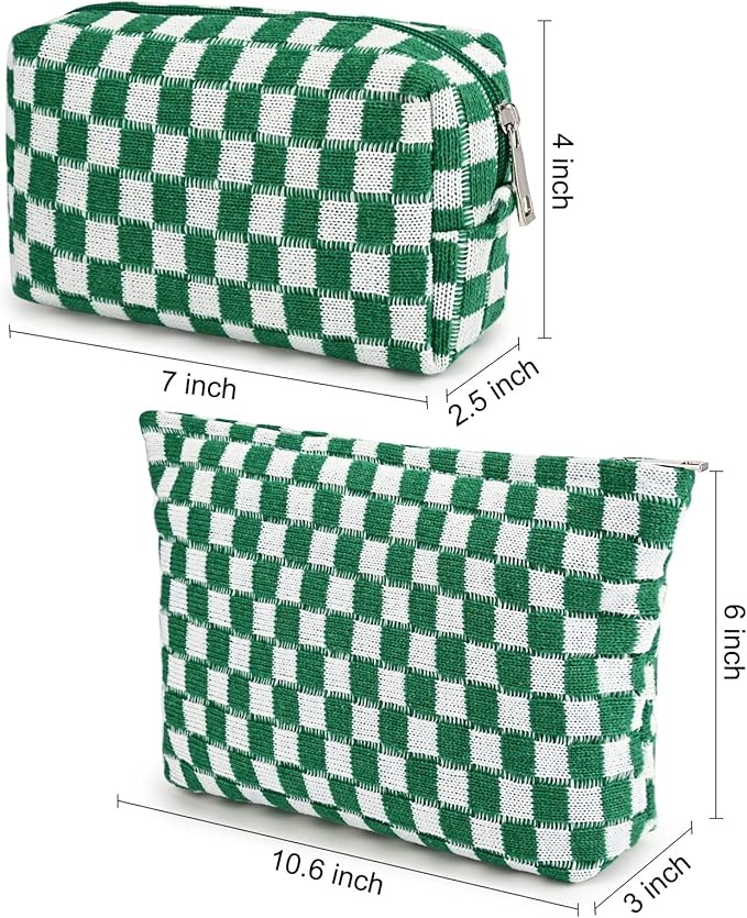 2 Pieces Makeup Bag Large Checkered Cosmetic Bag Capacity Canvas Mix Travel Toiletry Bag Organizer Cute Makeup Brushes Aesthetic Accessories Storage Bag for Women, Checkered Mix Green