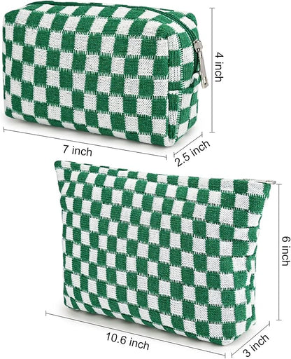 2 Pieces Makeup Bag Large Checkered Cosmetic Bag Capacity Canvas Mix Travel Toiletry Bag Organizer Cute Makeup Brushes Aesthetic Accessories Storage Bag for Women, Checkered Mix Green