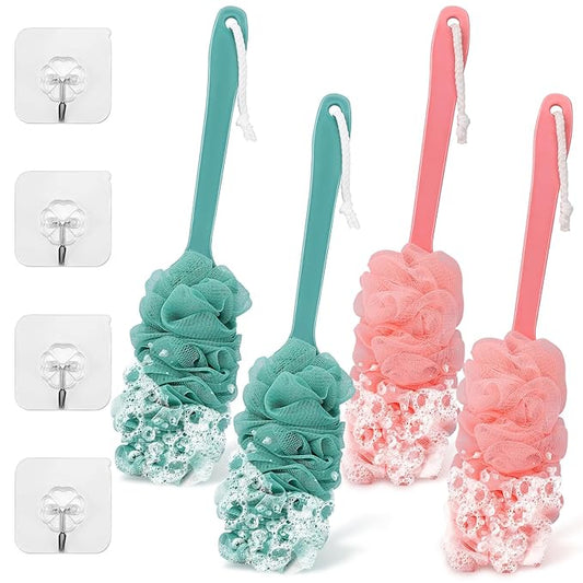4Pack Back Scrubber for Shower Loofah with Long Handle, Shower Brush for Body, 17″ Loofah on a Stick for Men Women Bathing Accessories, Scrubber Sponge for Exfoliating Bath Brushes (Pink & Green)