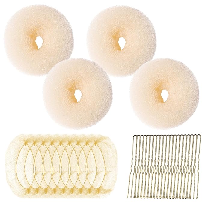 Teenitor Hair Bun Maker Kit, 4pcs Medium Size Donut Bun Maker, 10pcs 50cm Invisible Hair Nets, 10pcs 6cm Hair Bobby Pins, Hair Bun Shaper Set, Beige