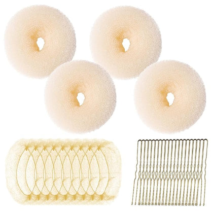 Teenitor Hair Bun Maker Kit, 4pcs Medium Size Donut Bun Maker, 10pcs 50cm Invisible Hair Nets, 10pcs 6cm Hair Bobby Pins, Hair Bun Shaper Set, Beige