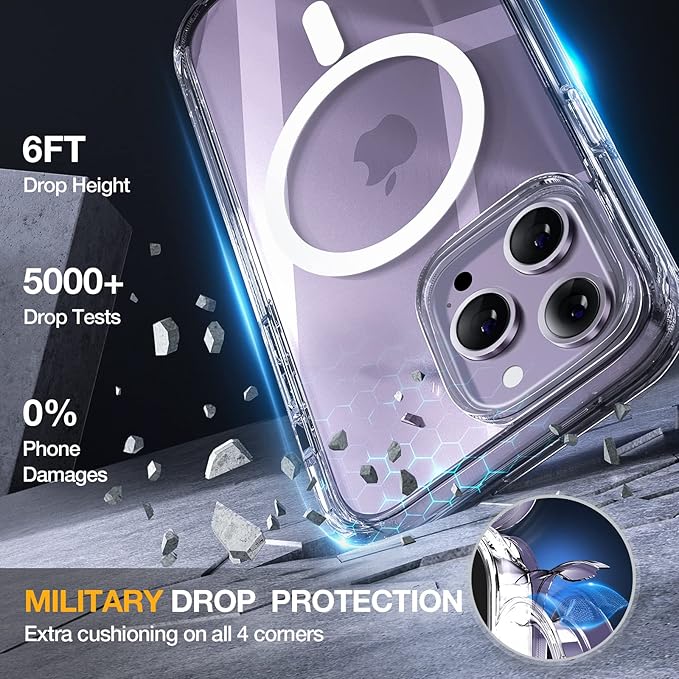 Miracase Magnetic for iPhone 14 Pro Case, [Compatible with MagSafe] [Built-in Tempered Glass Screen Protector] Full-Body Rugged Protective Case with Camera Lens Protector, Crystal Clear