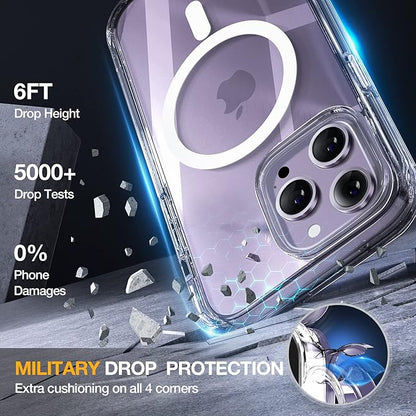 Miracase Magnetic for iPhone 14 Pro Case, [Compatible with MagSafe] [Built-in Tempered Glass Screen Protector] Full-Body Rugged Protective Case with Camera Lens Protector, Crystal Clear