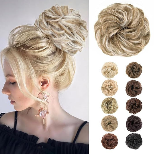 MORICA 1PCS Messy Hair Bun Hair Scrunchies Extension Curly Wavy Messy Synthetic Chignon for Women (27h613(Honey Blonde & Lightest Blonde))