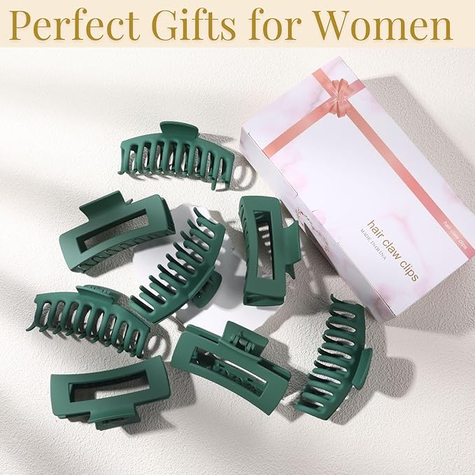 Green Hair Clips for Women - 8 Pack 4.3 Inch Large Hair Claw Clips for Women Thin Thick Curly Hair, Big Matte Banana Clips,Strong Hold jaw clips