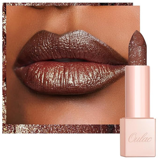 Oulac Shimmer Brown Lipstick, Infinity High Shine Finish, Hydrating Lip Color Infused with Damask Rose Oil for All-Day Comfort, Gluten-Free Vegan Beauty, D06 Brown Diamond