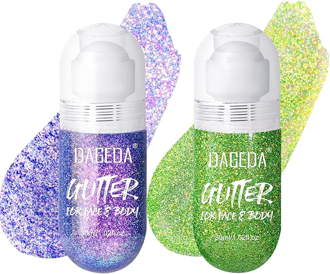 DAGEDA 2Colors Roll-on Body Glitter Gel for Body, Hair, Face, Holographic Glitter Makeup for Rave Accessories, Body Shimmer for Halloween Makeup(Green + Purple)