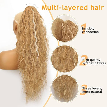 ORSUNCER Ponytail Extension Claw 26" Curly Pony Tail Clip in Claw Hair Extensions Fluffy Natural Looking Synthetic Hairpiece for Women Medium Blonde Highlights