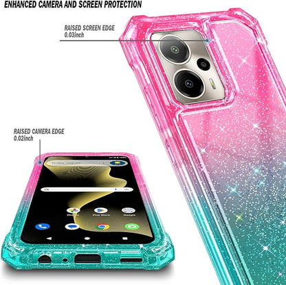for Cricket Outlast 5G 2024 Case, AT&T Motivate Pro 5G with [Built-in Screen Protector], [9FT Military Grade Drop Tested] Full-Body Protective Shockproof Bumper Case (Glitter Pink/Aqua)