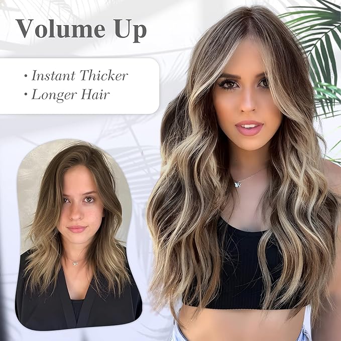 MORICA Invisible Wire Hair Extensions - 20 Inch Chocolate Brown Mix Ash Brown Long Wavy Synthetic Hairpiece with Transparent Wire Adjustable Size, 4 Secure Clips for Women
