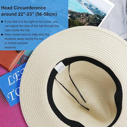 DRESHOW Women Straw Panama Hat Travel Fedora Beach Sun Hat Summer Wide Brim Straw Roll up Hat UPF 50+