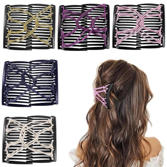 5 Pieces Stretchy Magic Adjustable Elastic Hair Comb Clips & Pins - No Crease Vintage Bun Makers for Women Girls, Curly Thick Wavy Ponytail Hair Accessories