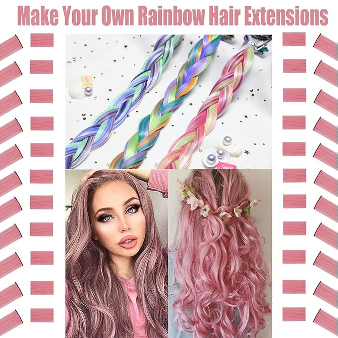 12 PCS Rose Pink Hair Extensions Clips In, Straight Pink Clip Colored Party Highlights Accessories for Women Grils Synthetic Hairpiece Straight 20 Inch