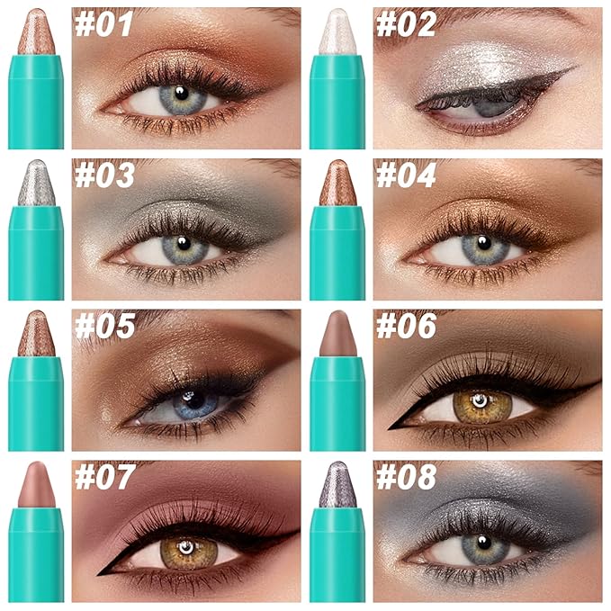 8Pcs Eyeshadow Stick, Cream Eye Shadow Brightener Sticks Set for Eyes, Champagne Pearl Taupe Bronze Cocoa Stone Putty Smoky Amethyst Shimmer Matte Pencil Eye Eye Liner Makeup Waterproof (SET A)