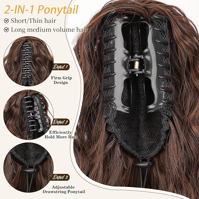 ORSUNCER Ponytail Extension Claw 30" Curly Pony Tail Clip in Claw Hair Extensions Fluffy Natural Looking Synthetic Hairpiece for Women Omber Almand Brown