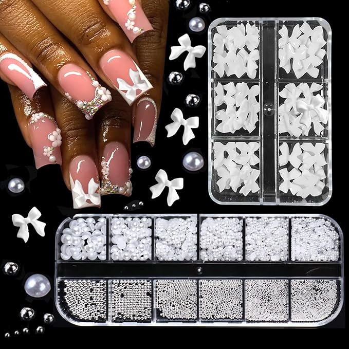Nail Charms & Pearls - Bow-Knot Nail Accessories in Silver & White, Half Round Beads, Luxurious Design - DIY Crafts