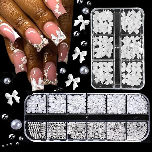Nail Charms & Pearls - Bow-Knot Nail Accessories in Silver & White, Half Round Beads, Luxurious Design - DIY Crafts