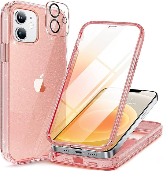 Miracase Glass Series for iPhone 12/12 Pro - Full-Body Rugged Protective Case with Built-in 9H Tempered Glass Screen Protector and Camera Lens Protector - Glitter Rose