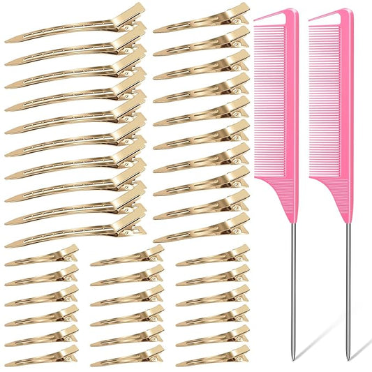 MORGLES 70PCS Metal Hair Roller Clips Bulk with A Organizer Box 3 Sizes Duck Billed Hair Clips with 2Pcs Pink Rat Tail Combs for Parting