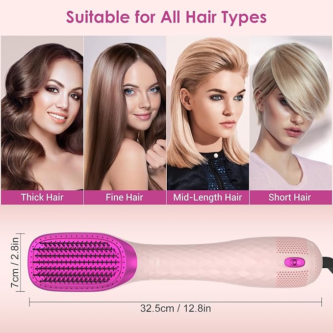 3 in 1 Hair Dryer Brush Professional 1200W Powerful Ceramic Tourmaline 3 Heat/2 Speed Settings One Step Hair Dryer and Styler (Pink)
