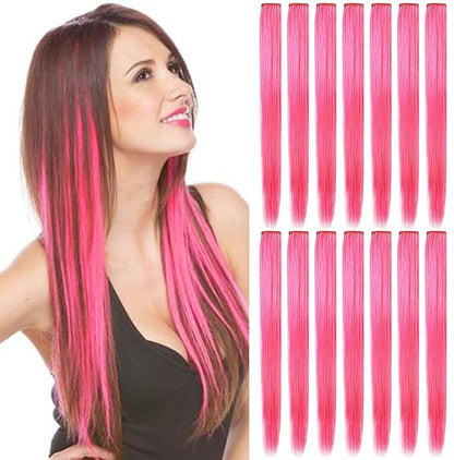 12 PCS Colored Hairpieces, Multi-colors Party Highlights Clip in Heat-Resistant Synthetic Hair Extensions 20 inch (Pink)