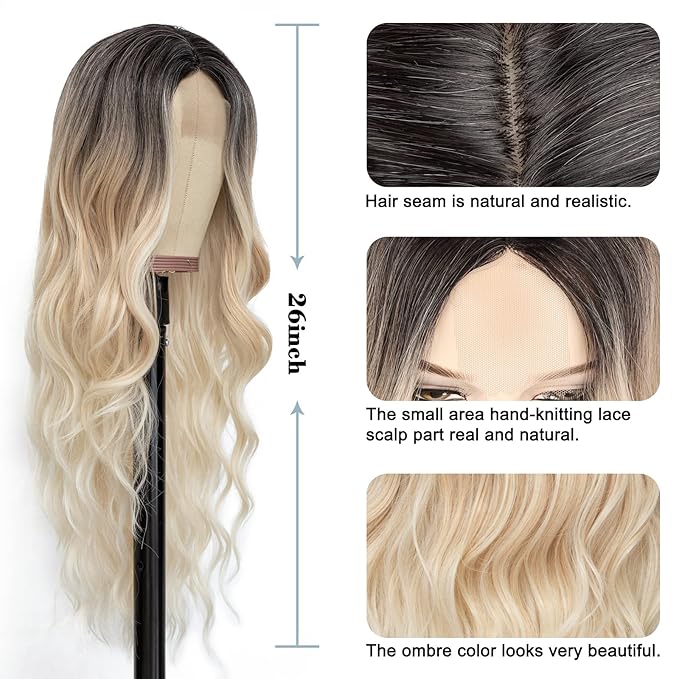 NAYOO Long Platinum Blonde Wavy Wig for Women 26 Inch Middle Part Curly Wavy Wig Natural Looking Synthetic Heat Resistant Fiber for Daily (Platinum Blonde)