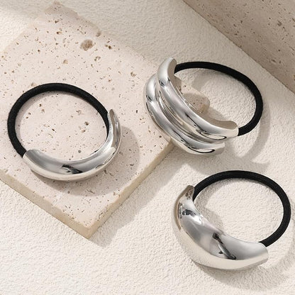 3PCS Silver Hair Ties, Metal Hair Ties for Thick Hair, Elegant Durable Geometric Design, Silver Hair Accessories Stretchy and Non-Damage Ponytail Holders, 3 Styles in Box Gifts Holiday