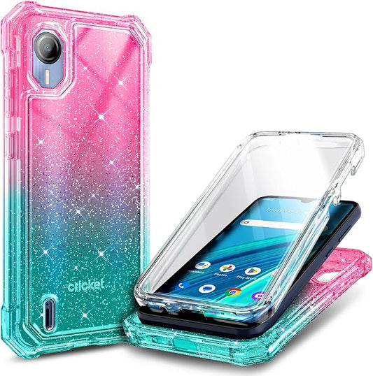 Designed for Cricket Debut S2, AT&T Calypso 4 Case with [Built-in Screen Protector] [6FT Military Grade Drop Tested] Full-Body Protective Shockproof Bumper Case (Glitter Pink/Aqua)