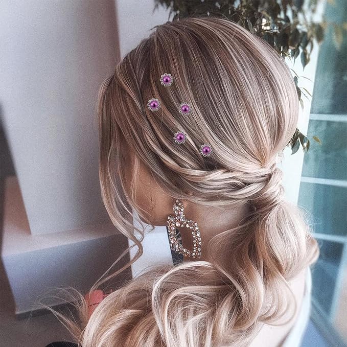 20 Pack (Purple) Pearl Crystal Hair Pins Flower Rhinestone Hair Clips for Bridal Wedding Women Hair Jewelry Accessories, with Clear Container