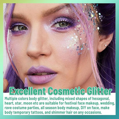 Allstarry Holographic Chunky Body Glitter 4 Colors Cosmetic Face Glitter Eyeshadow Makeup Holographic Mermaid Cosmetic Laser Powder Rave Accessories with Body Glue for Women Makeup Nails DIY Crafts