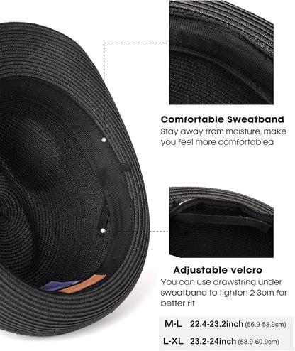 FURTALK Fedora Straw Sun Hat for Men Women Foldable Roll Up Short Brim Trilby Hat Panama Beach Hat UPF 80+
