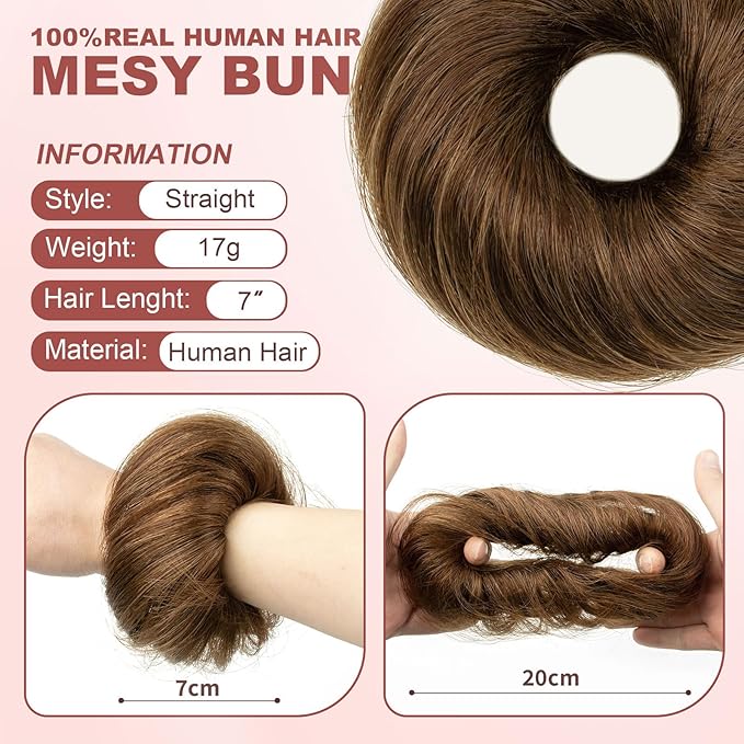 1PCS Messy Bun Hair Piece 100% Real Human Hair Chignons Scrunchies Natural Curly Fluffy Buns for Women Donut Updo Hair Pieces Bun Extension (#6 Honey Brown)