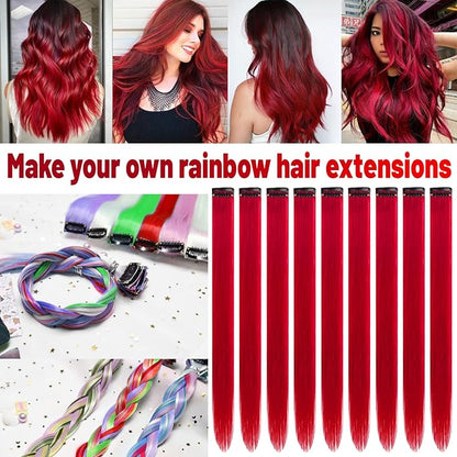 22 inch Colored Hair Extensions Straight Hairpiece, Colorful Hair Extensions Party Highlights Clip in Long Synthetic for Girls Women Kids Favor Gift(10 PCS Red)