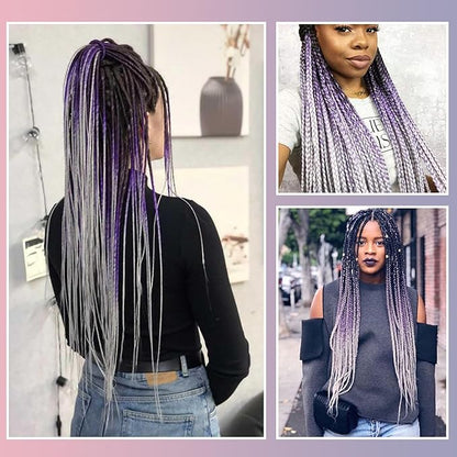 1b-Purple-Silver Pre stretched Braiding Hair 8 Packs Pre feathered Braid Hair Extensions 36 Inches Hair Braids
