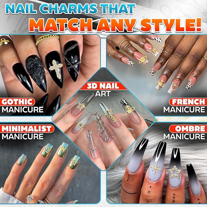 110 Pcs Gold Nail Charms and Gems – Complete Art Kit with Gold Star Nail Charms, Planets, Moon, Crosses & Rocket – Designed for Creating Detailed, Custom Designs with Easy Application