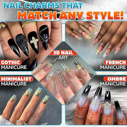 110 Pcs Gold Nail Charms and Gems – Complete Art Kit with Gold Star Nail Charms, Planets, Moon, Crosses & Rocket – Designed for Creating Detailed, Custom Designs with Easy Application