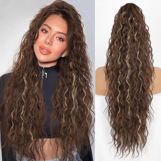 ORSUNCER Ponytail Extension 30" Curly Pony Tail Clip in hair extensions Fluffy Natural Looking Synthetic Hairpieces for Women Light Brown with Blonde
