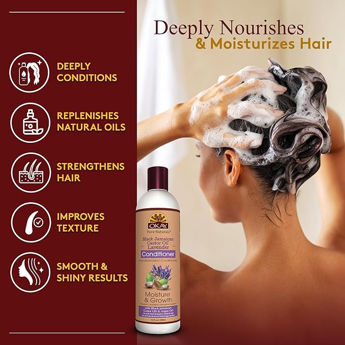 OKAY | Black Jamaican Castor Oil & Lavender Conditioner | For All Hair Types & Textures | Moisturize, Strengthen & Regrow Hair | With Argan Oil | Free of Sulfate, Silicone & Paraben | 12 oz