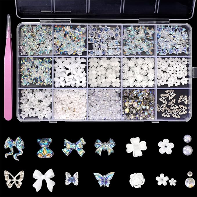 3D Acrylic Polar Butterfly Flowers Nail Charms with Starry AB Crystals Rhinestones Multi Sizes Pearls Mix Gold for Art DIY Decal Jewelry Accessories Crafting, 2 Piece Set